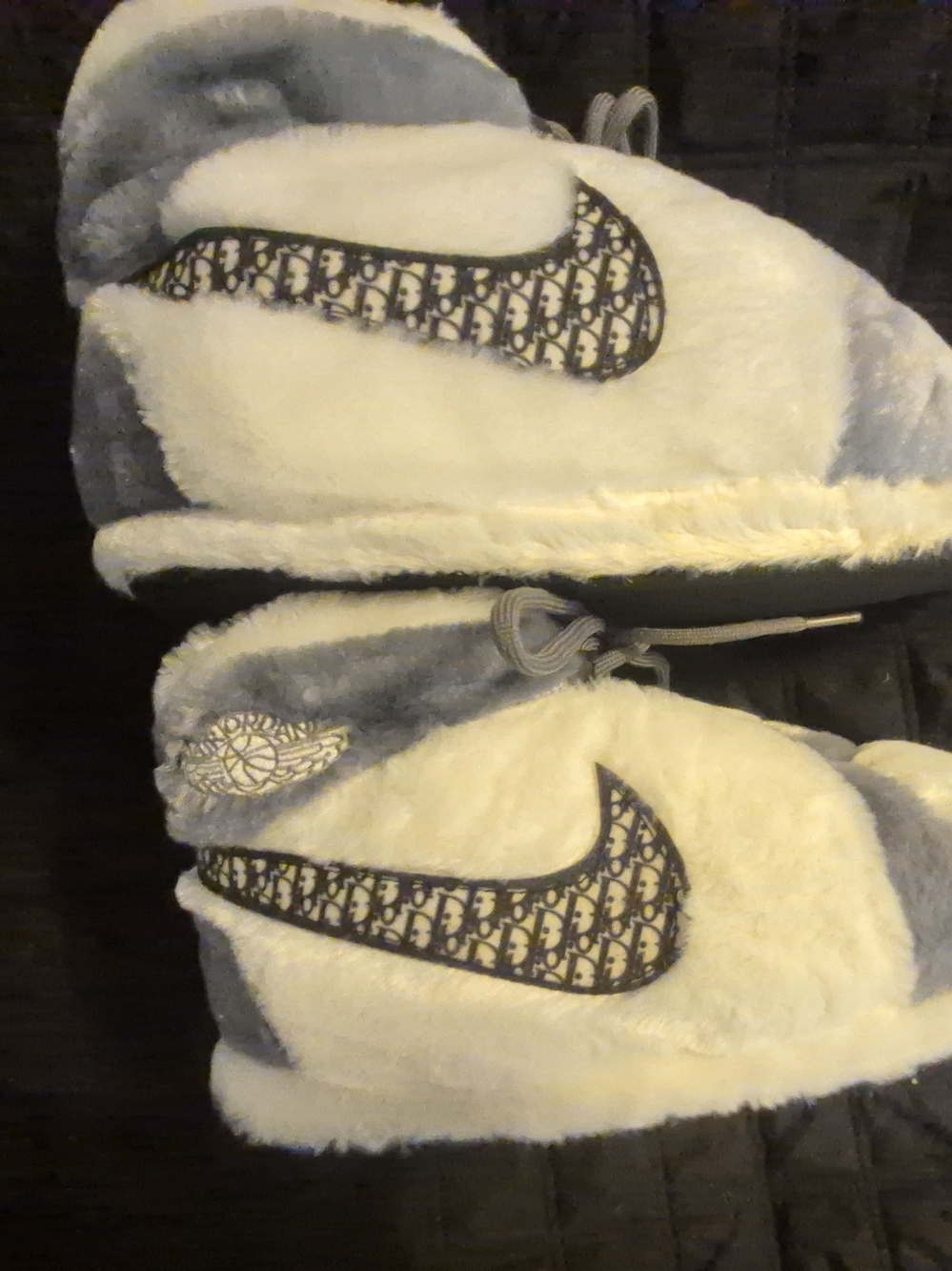 Nike x Dior-esque Fuzzy  Slippers in White and Gray